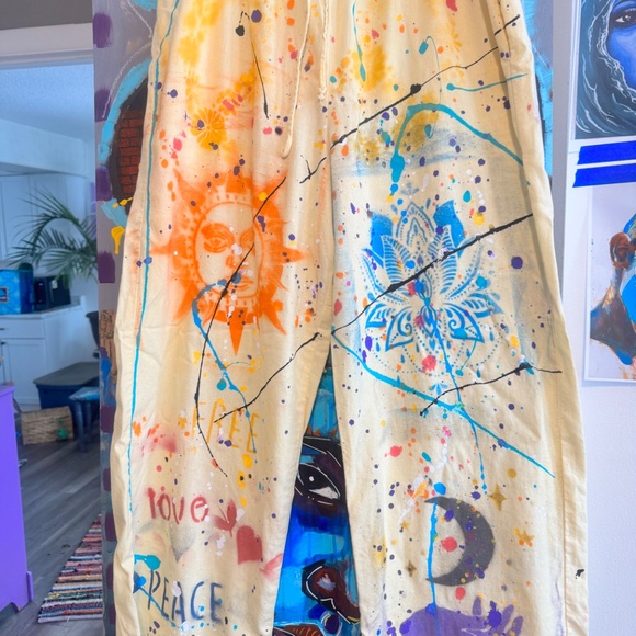 wild fable Pants - Hand-Painted Celestial Soul Graffiti Linen Blend Streetwear Pants - Large